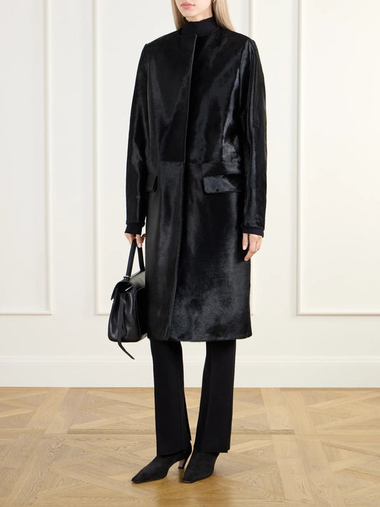 Image of Coats & Jackets. Product name - Gemma Collarless Paneled Calf Hair Coat in Black colour by brand - Almada