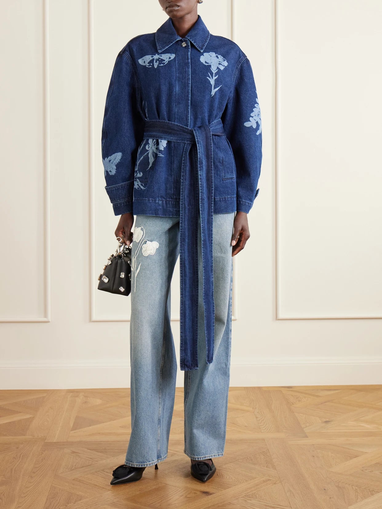 Image of Jeans. Product name - Mid-rise Straight-leg Floral-embroidered Jeans in Light denim colour by brand - Erdem