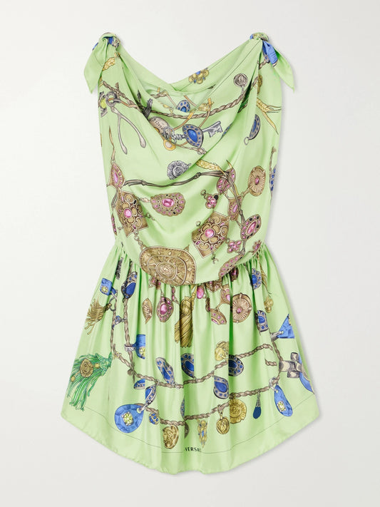 Image of Dresses. Product name - Knotted Draped Printed Silk-twill Mini Dress in Green colour by brand - Versace