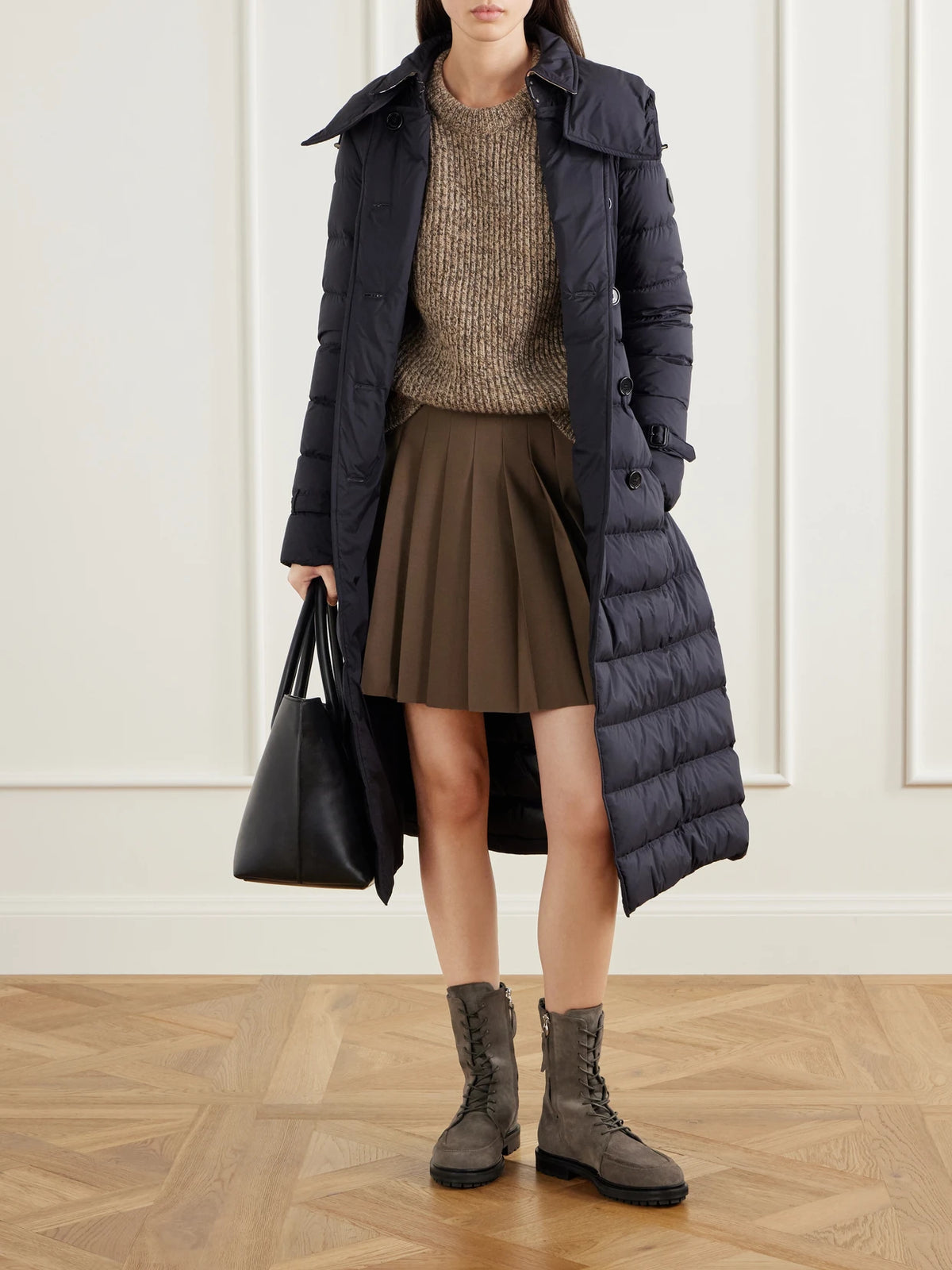 Image of Coats & Jackets. Product name - Belted Double-breasted Quilted Padded Shell Coat in Navy colour by brand - Burberry