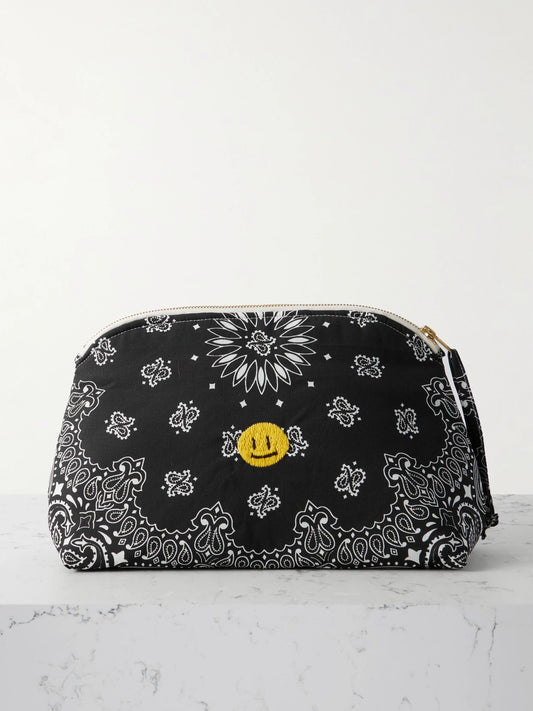 Happy Face Vanity Embroidered Bandana-print Cotton Pouch