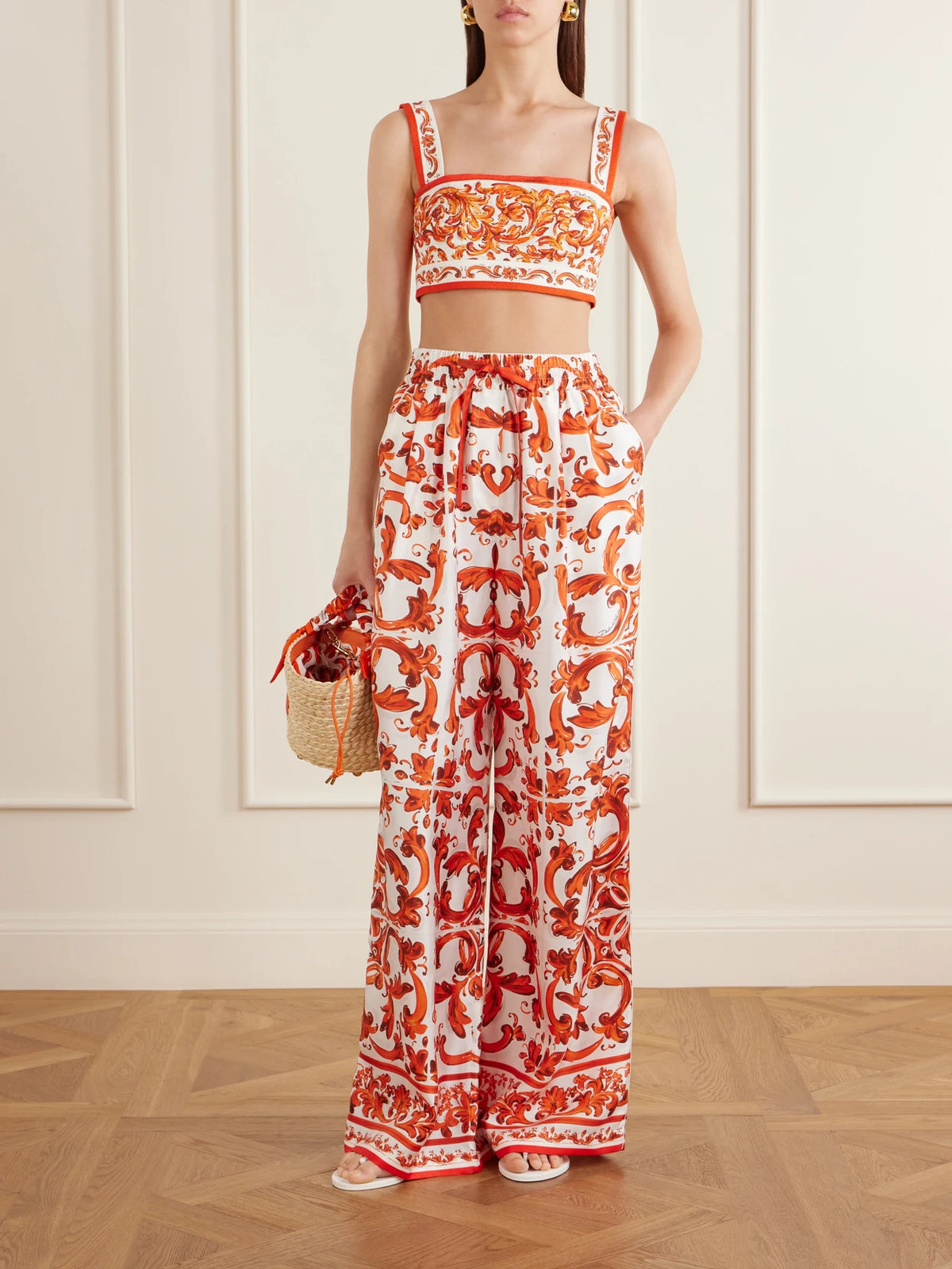 Image of Outfit Sets. Product name - Printed Silk-twill Wide-leg Pants in Orange colour by brand - Dolce & Gabbana