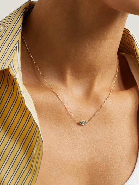 Image of Necklaces. Product name - Evil Eye Mini 18-karat Gold Diamond And Turquoise Necklace in Multi colour by brand - Jennifer Meyer