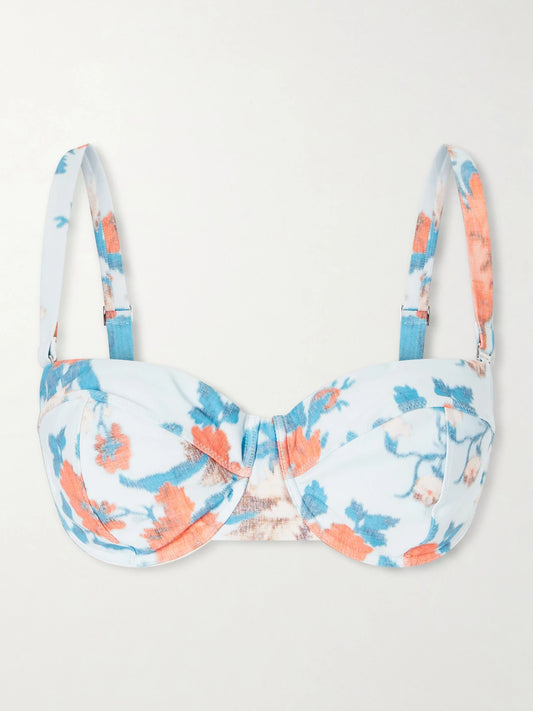 Image of Swimwear. Product name - Floral-print Bikini Top in Blue colour by brand - Erdem