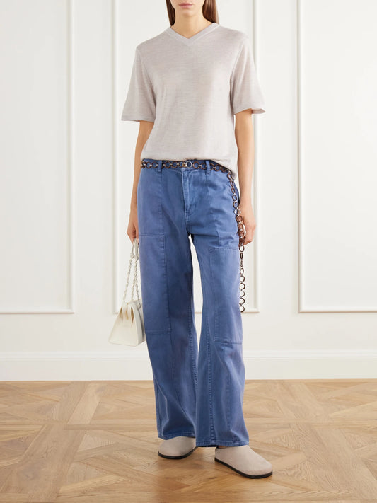 Image of a model wearing Tops. Product name - Merino Wool T-shirt in Gray, Cobalt blue colour by brand - B SIDES