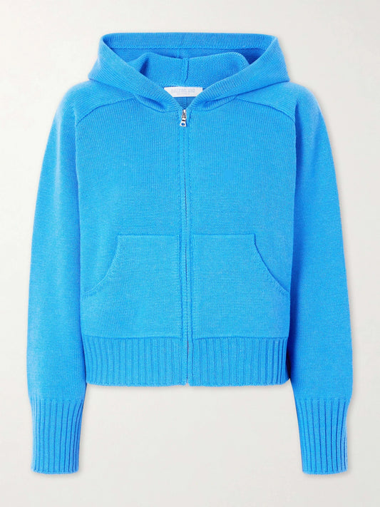 Image of a model wearing Outerwear. Product name - Cashmere Zip-up Hoodie in Cobalt blue colour by brand - Calle Del Mar