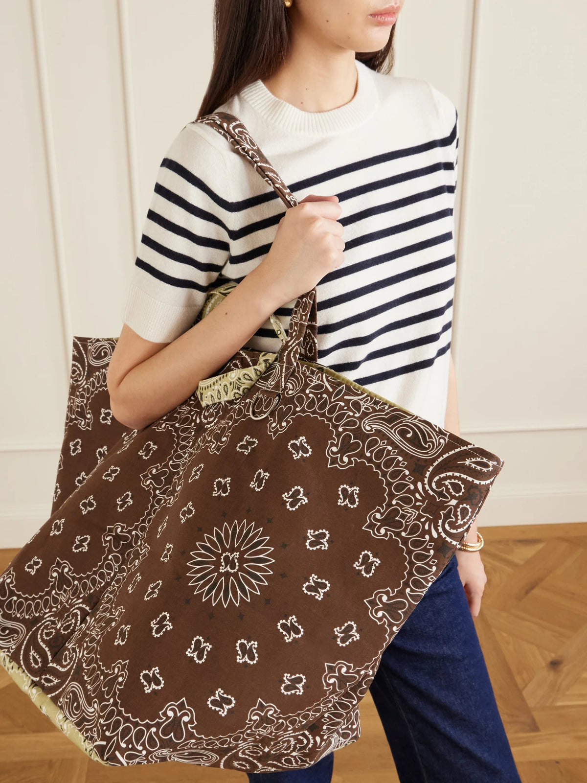 Image of Bags. Product name - Maxi Basket Printed Cotton Tote in Brown colour by brand - CALL IT BY YOUR NAME