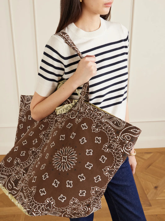 Image of Bags. Product name - Maxi Basket Printed Cotton Tote in Brown colour by brand - CALL IT BY YOUR NAME