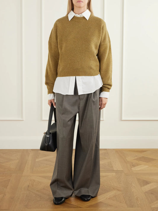 Image of a model wearing Outerwear. Product name - Anong Cashmere Sweater in Chartreuse, Dark gray colour by brand - Le Kasha
