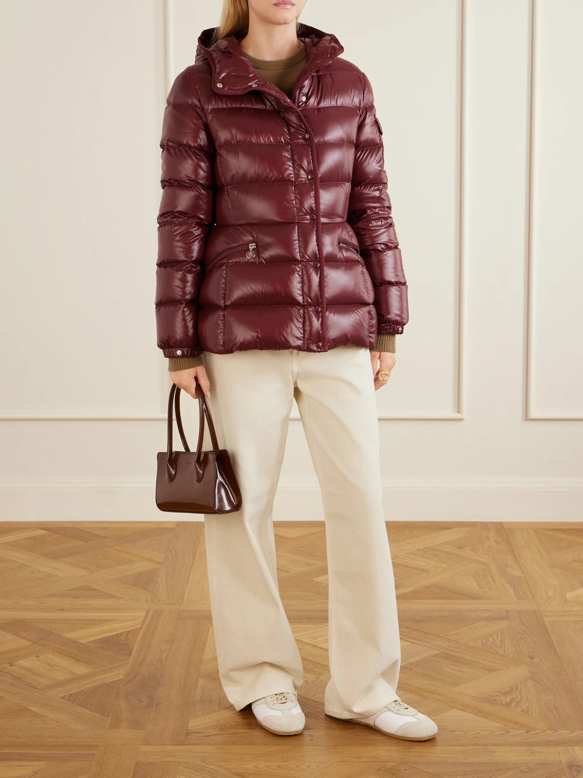 Image of Coats & Jackets. Product name - Barante Hooded Quilted Shell Down Jacket in Burgundy colour by brand - Moncler