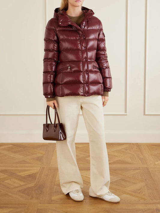 Image of Coats & Jackets. Product name - Barante Hooded Quilted Shell Down Jacket in Burgundy colour by brand - Moncler