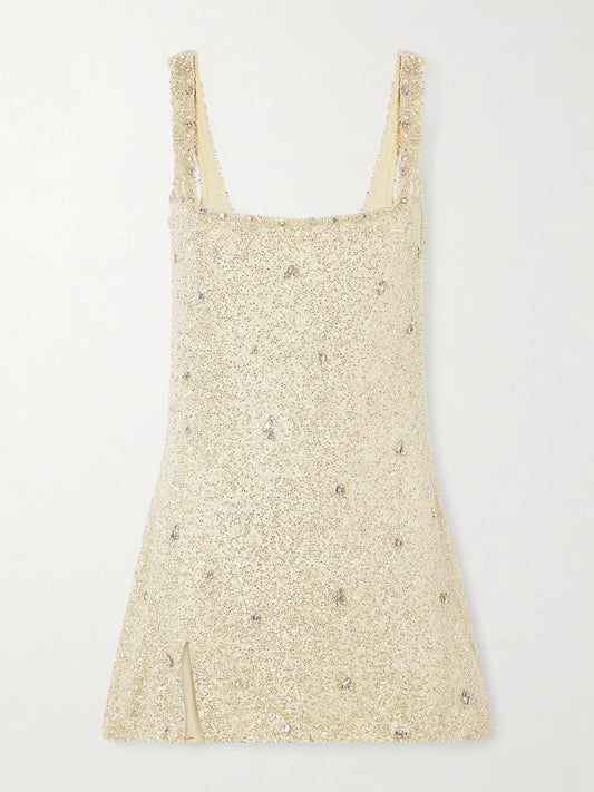 Image of Dresses. Product name - Pamela Crystal-embellished Beaded Tulle Mini Dress in Cream colour by brand - Clio Peppiatt