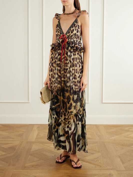 Image of Dresses. Product name - Leotigra Land Crystal-embellished Animal-print Silk Maxi Dress in Multi colour by brand - Camilla