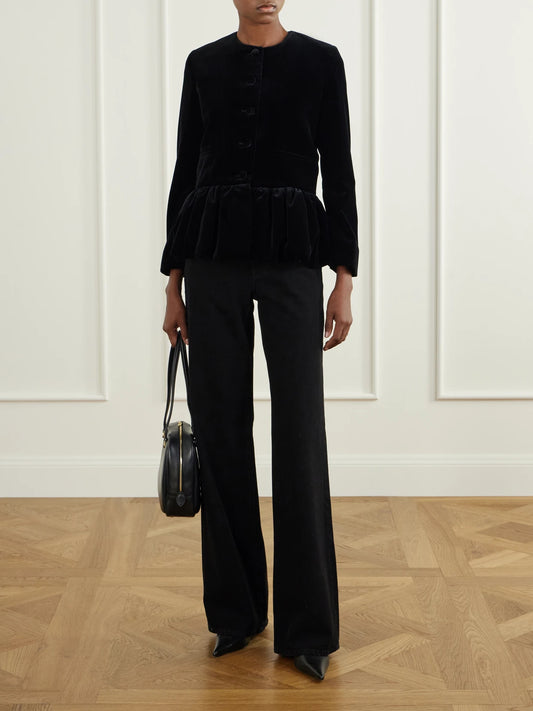 Image of Coats & Jackets. Product name - Cotton-velvet Peplum Jacket in Black colour by brand - LIBEROWE
