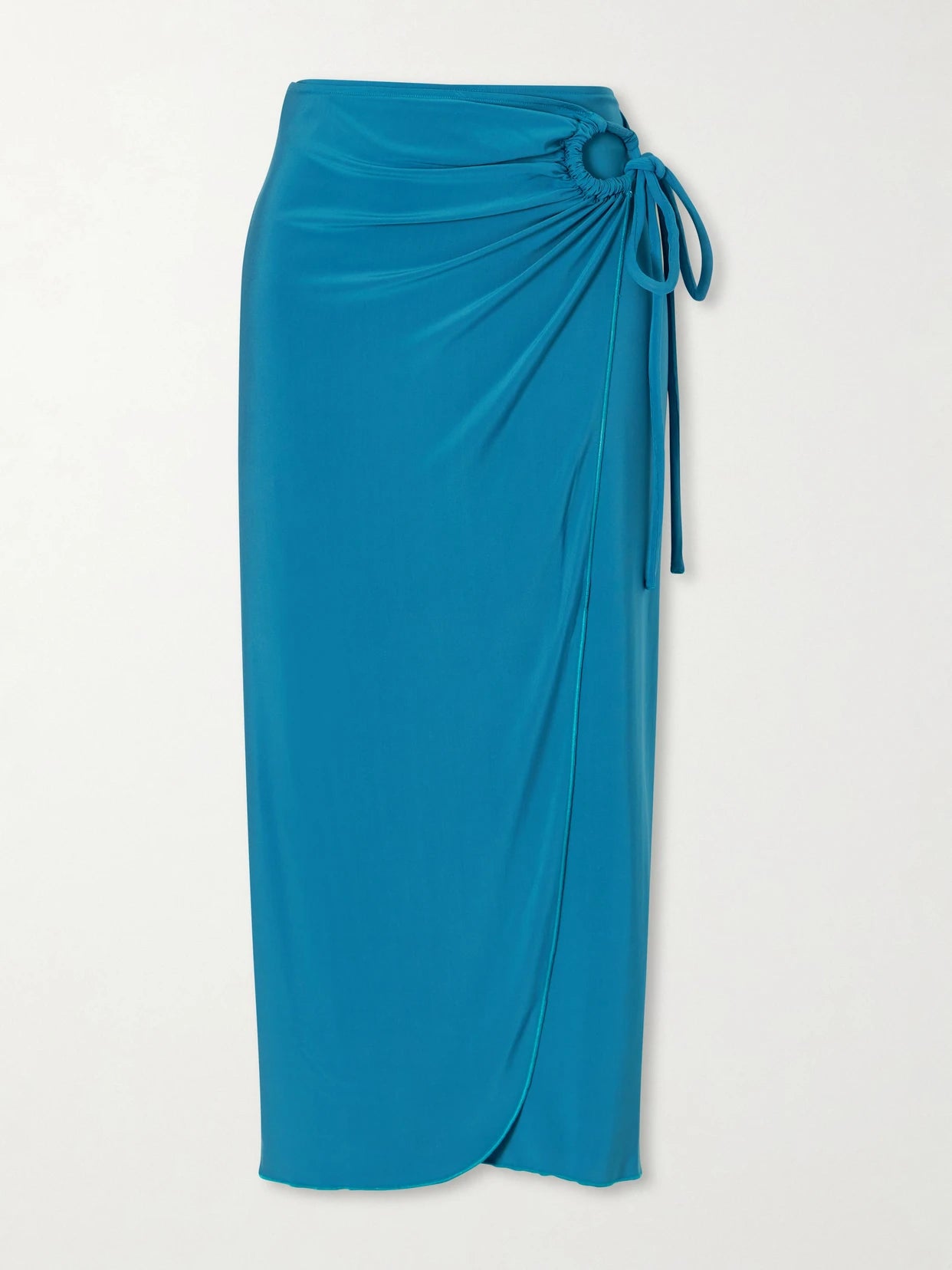 Image of a model wearing Skirts. Product name - Beachwear Gathered Jersey Wrap-effect Maxi Skirt in Turquoise colour by brand - Max Mara