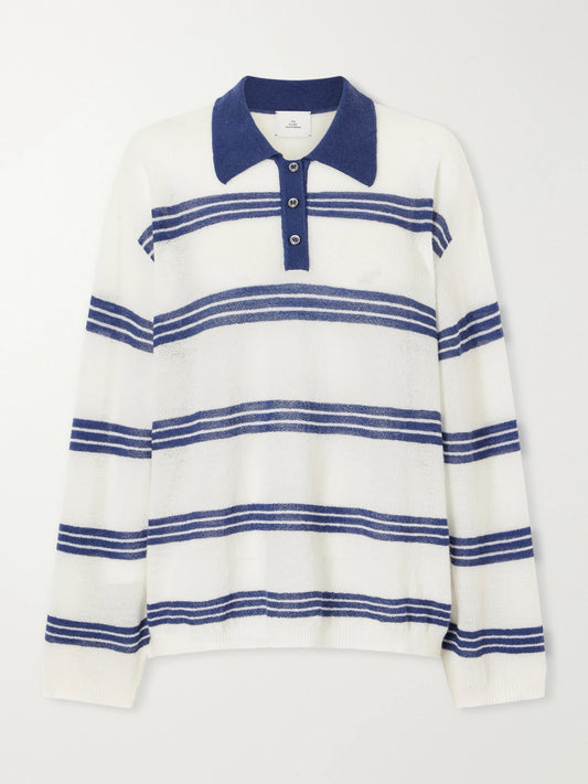 Image of a model wearing Outerwear. Product name - Striped Cashmere And Mohair-blend Polo Shirt in White colour by brand - The Elder Statesman