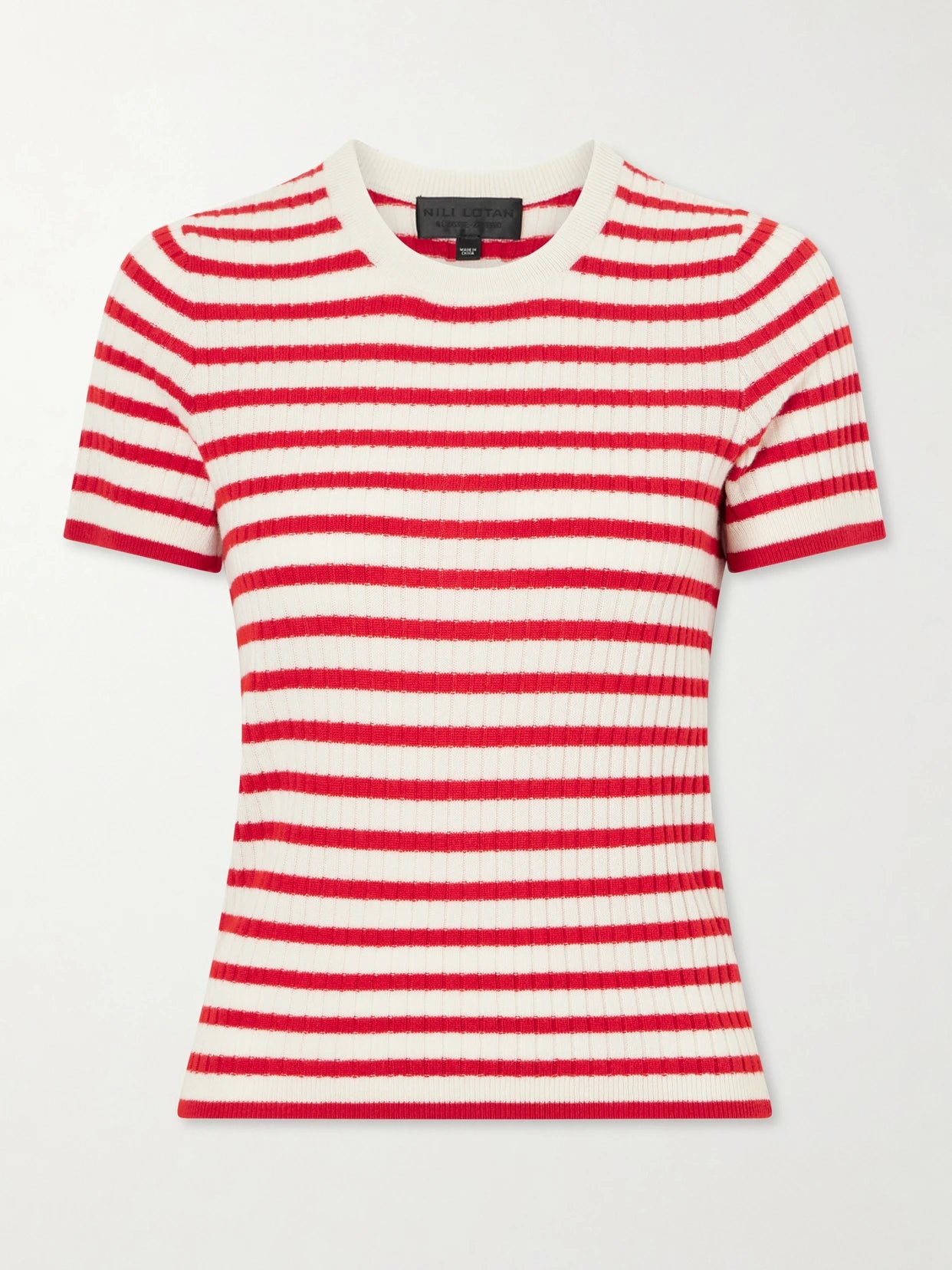 Image of a model wearing Tops. Product name - Alita Striped Cashmere T-shirt in Red colour by brand - Nili Lotan