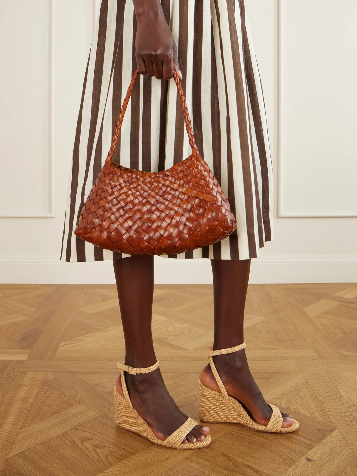 Image of Bags. Product name - Rosanna Mini Woven Leather Shoulder Bag in Tan colour by brand - Dragon Diffusion