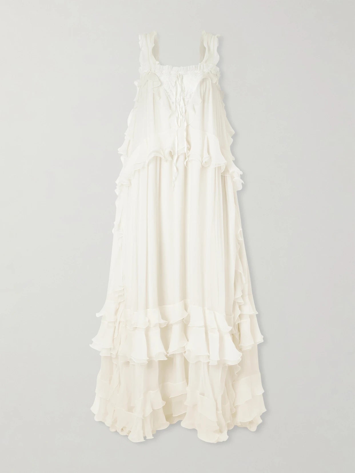Ruffled Lace-trimmed Silk-crepon Gown