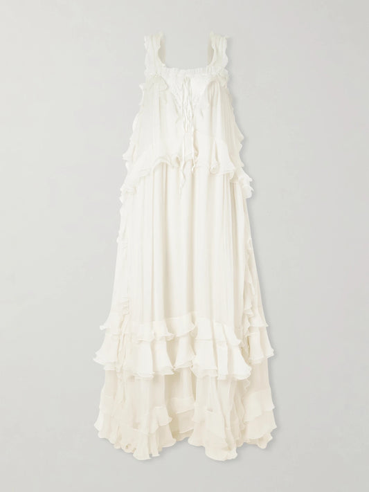 Ruffled Lace-trimmed Silk-crepon Gown