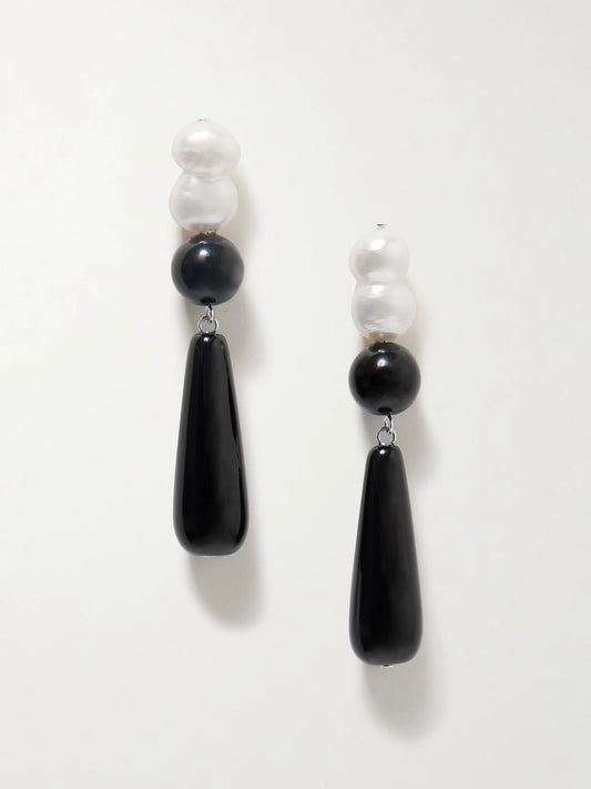 Tarn Ii Recycled Silver, Onyx And Pearl Earrings