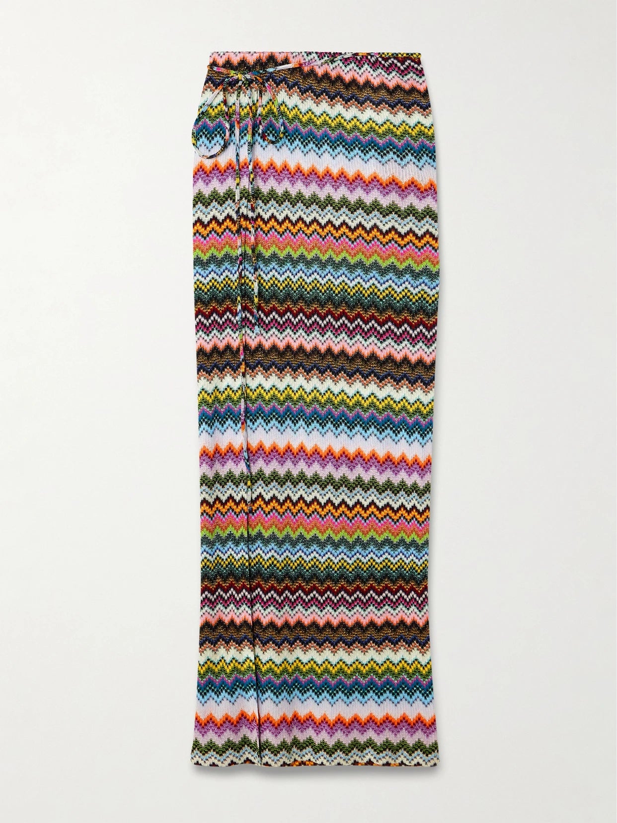 Image of a model wearing Skirts. Product name - Mare Striped Metallic Crochet-knit Maxi Wrap Skirt in Multi colour by brand - Missoni