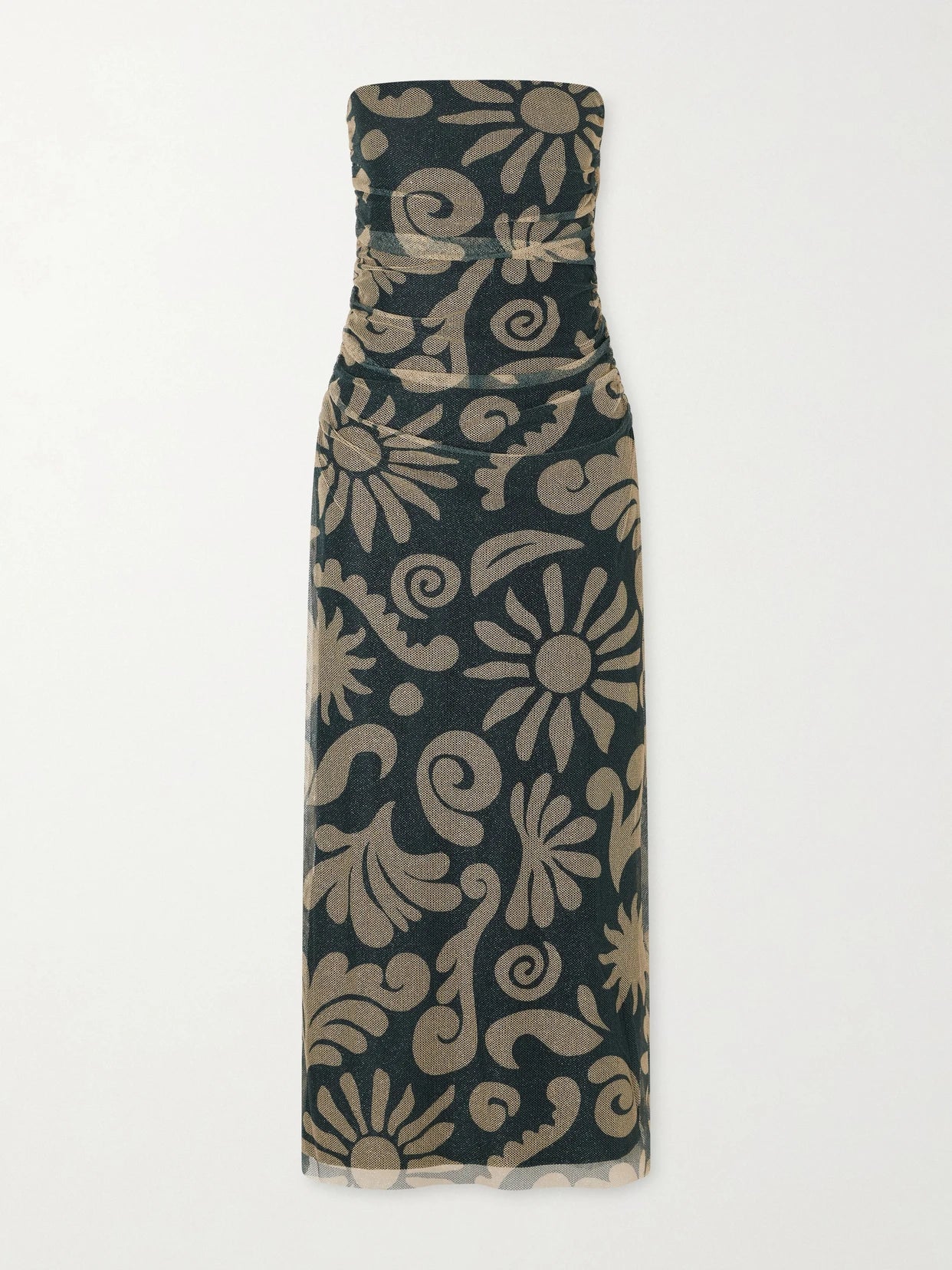 Image of Dresses. Product name - Daphne Ruched Printed Mesh Midi Dress in Black colour by brand - Cala de la Cruz