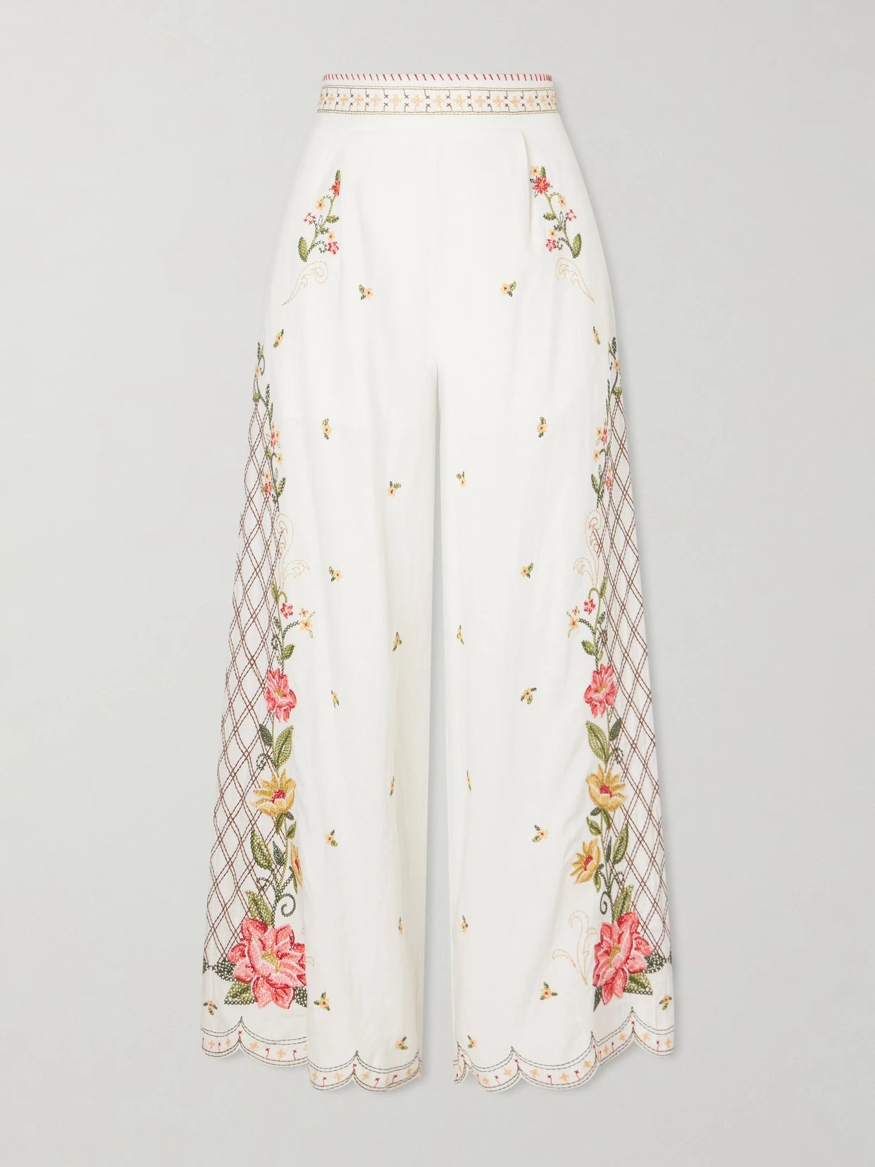 Embroidered Linen-blend Wide-leg Pants