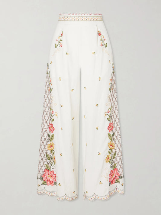 Embroidered Linen-blend Wide-leg Pants