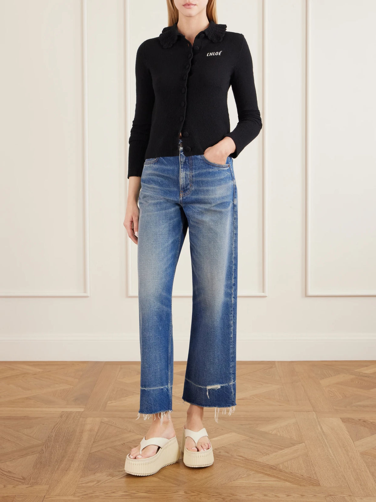 Image of Heels. Product name - Nama Leather Platform Flip Flops in Off-white colour by brand - Chloé