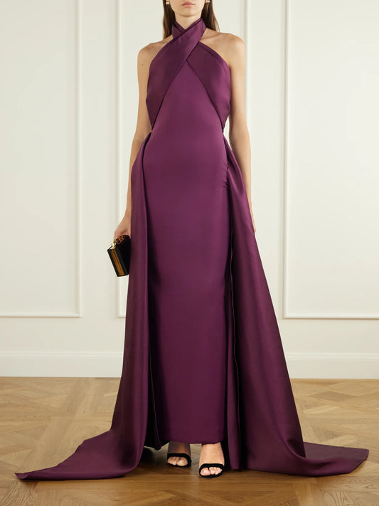 Image of Dresses. Product name - Rumi Crepe Halterneck Gown in Dark purple, Navy colour by brand - Solace London