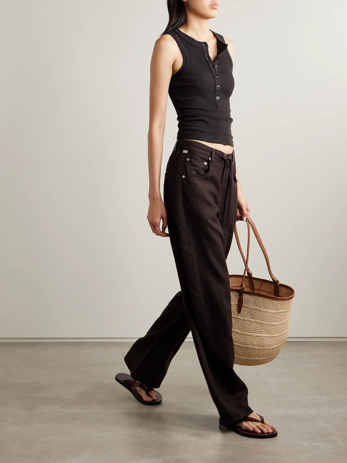 Image of a model wearing Tops. Product name - Caralyn Ribbed Jersey Tank in Dark brown colour by brand - Citizens of Humanity