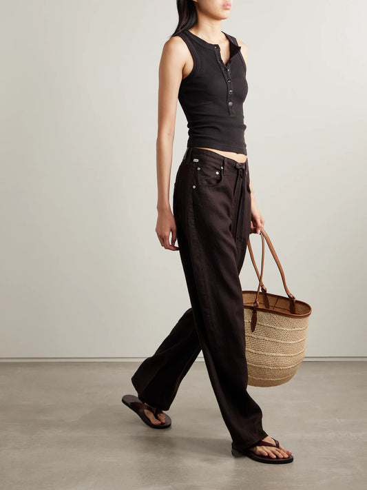 Image of a model wearing Tops. Product name - Caralyn Ribbed Jersey Tank in Dark brown colour by brand - Citizens of Humanity