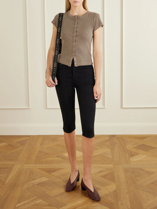 Image of a model wearing Tops. Product name - Tabi Ribbed Jersey Cardigan in Brown colour by brand - Citizens of Humanity