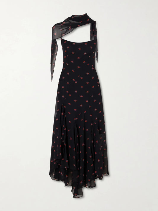 Image of Dresses. Product name - Aubrey Floral-print Silk-chiffon Gown in Black colour by brand - LIBEROWE