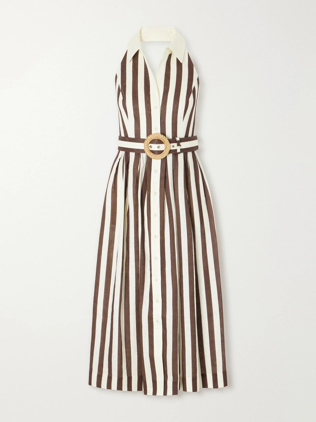 Quentin Belted Pleated Striped Cotton-poplin Halterneck Midi Dress