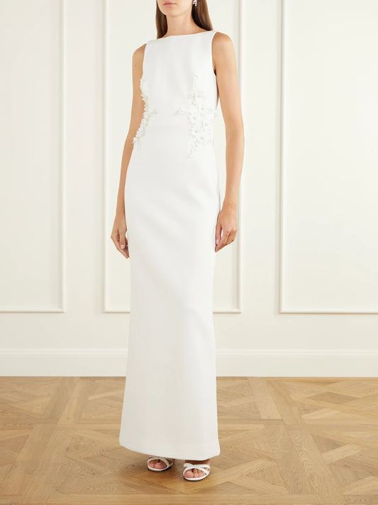Image of Dresses. Product name - Andre Floral-appliquéd Darted Crepe Gown in Ivory colour by brand - Rebecca Vallance