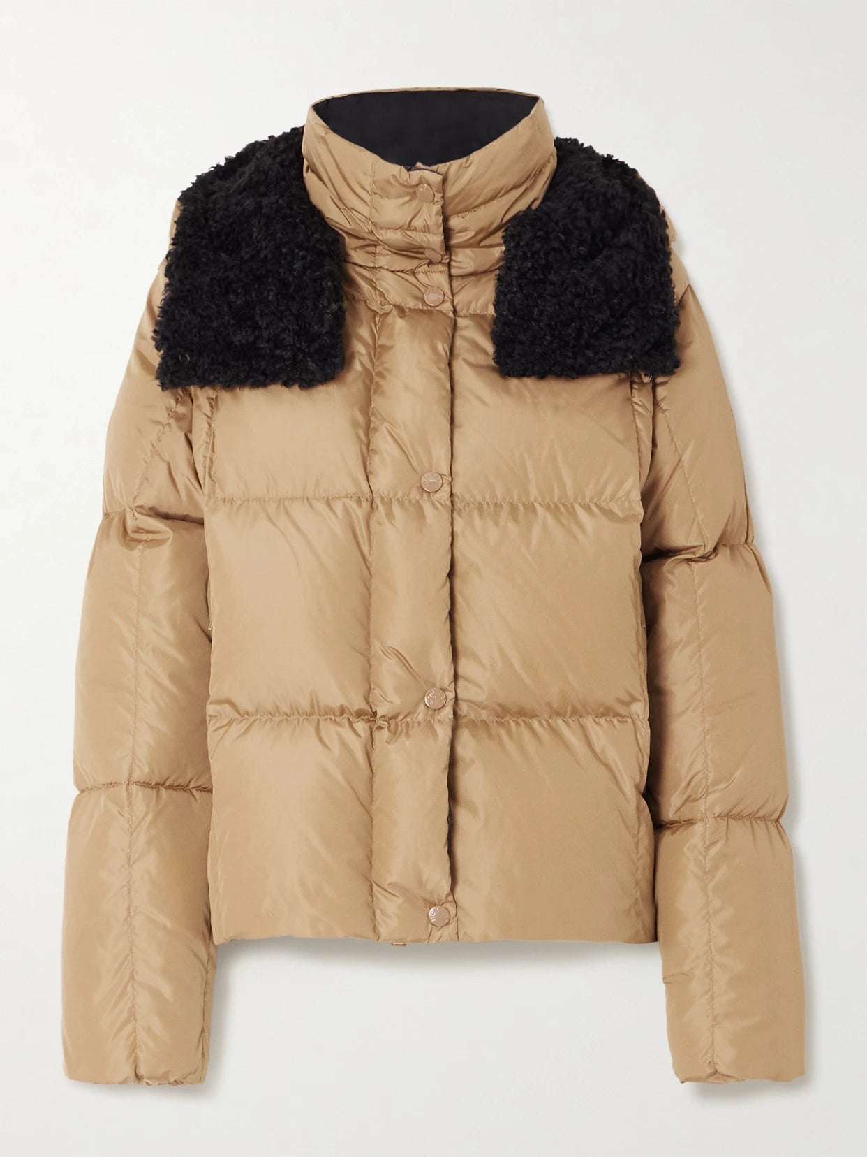 Image of Coats & Jackets. Product name - Castelnou Appliquéd Hooded Fleece-trimmed Shell Down Jacket in Camel colour by brand - Moncler