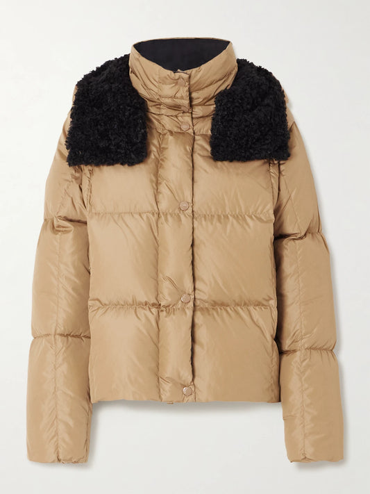Image of Coats & Jackets. Product name - Castelnou Appliquéd Hooded Fleece-trimmed Shell Down Jacket in Camel colour by brand - Moncler