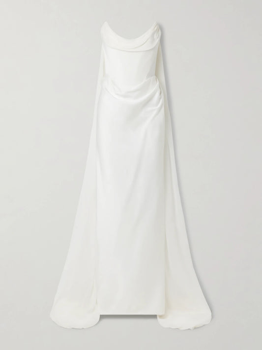 Image of Dresses. Product name - Galaxy Cape-effect Strapless Organic Silk Chiffon-trimmed Satin Gown in Off-white colour by brand - Vivienne Westwood