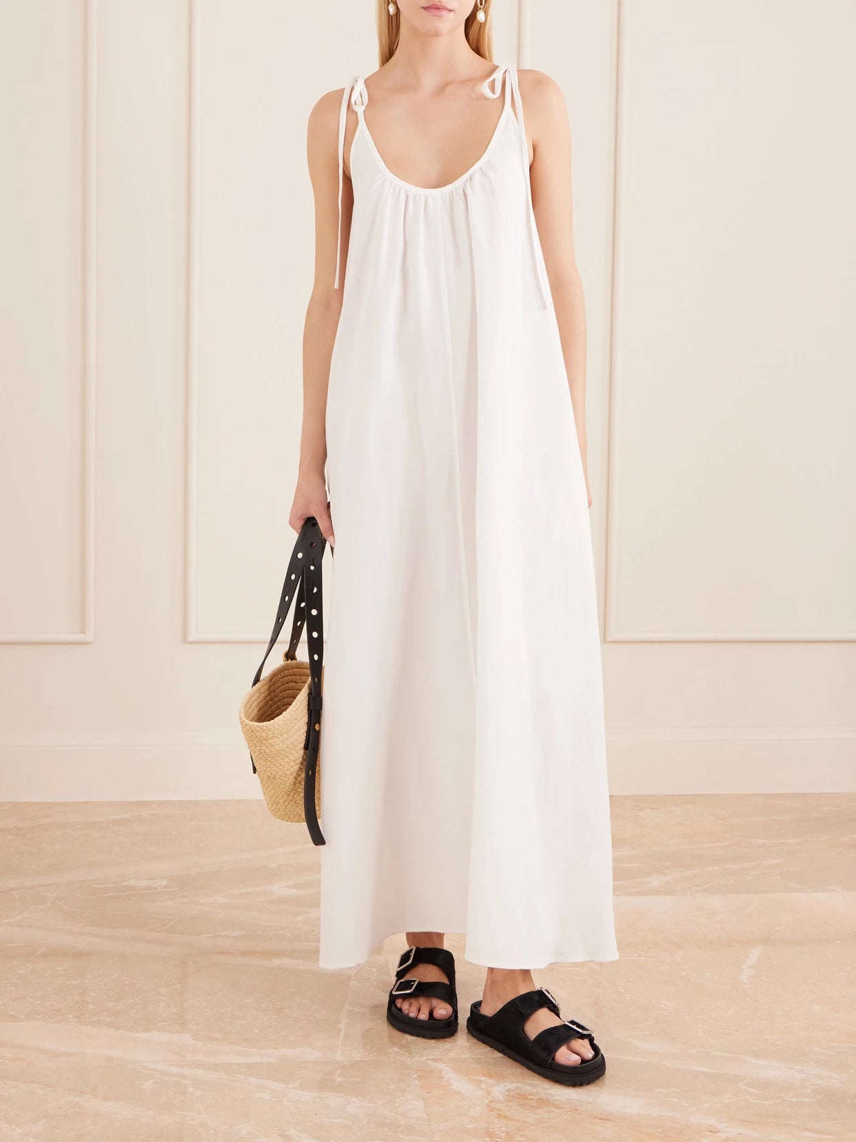 Image of Dresses. Product name - Flora Gathered Lyocell And Linen-blend Maxi Dress in White colour by brand - Anine Bing