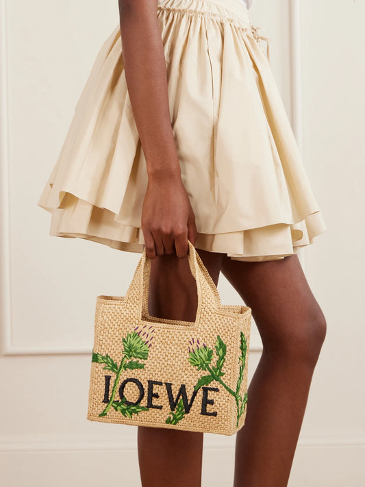 Image of Bags. Product name - + Paula's Ibiza Small Embroidered Raffia Tote in Beige colour by brand - LOEWE