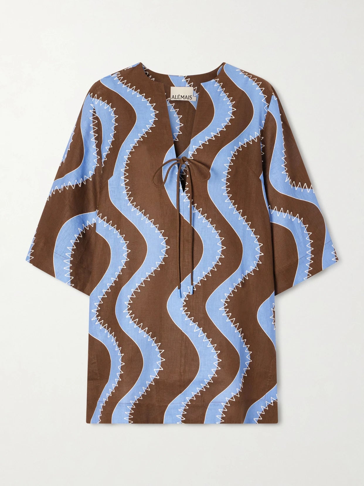 Image of Dresses. Product name - Frankie Printed Embroidered Linen Mini Dress in Blue colour by brand - ALÉMAIS
