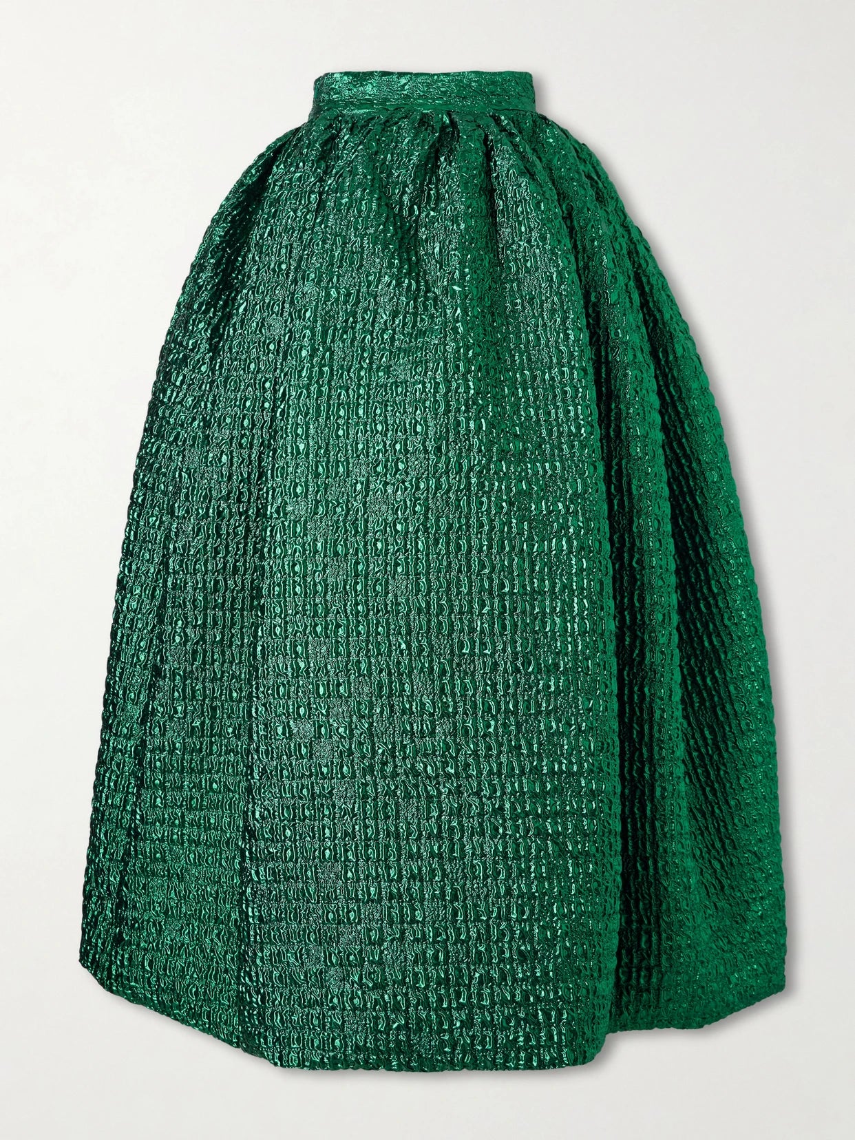 Image of a model wearing Skirts. Product name - Cloqué Maxi Skirt in Forest green colour by brand - Dima Ayad