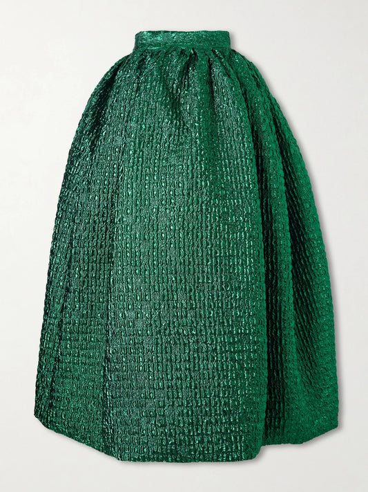 Image of a model wearing Skirts. Product name - Cloqué Maxi Skirt in Forest green colour by brand - Dima Ayad