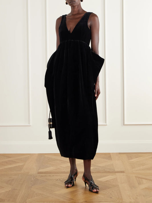 Image of Dresses. Product name - Sculptural Volume Peplum Cotton-velvet Maxi Dress in Black colour by brand - RÓHE