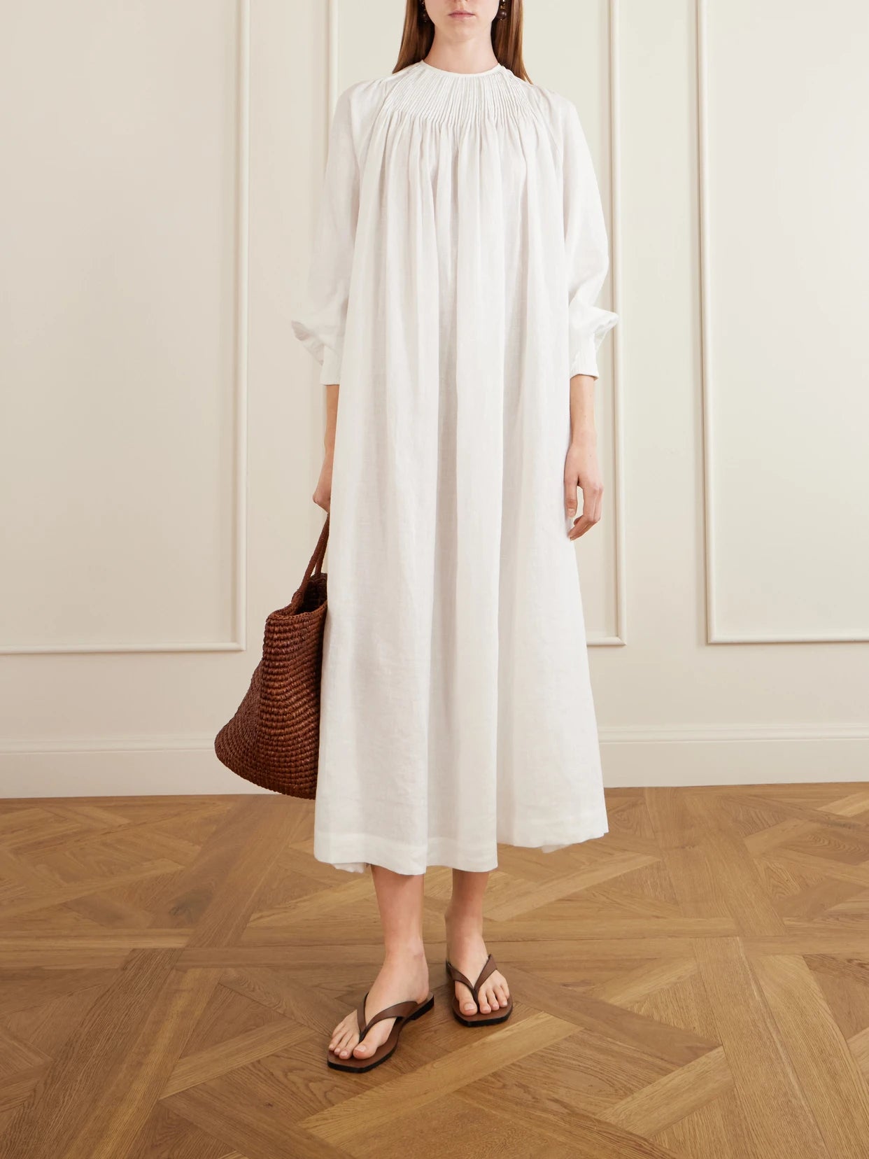 Image of Dresses. Product name - Robe De Nuit Open-back Gathered Linen Maxi Dress in White colour by brand - Les Vacances D'Irina
