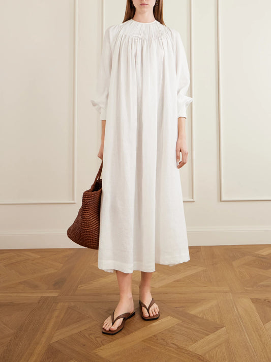 Image of Dresses. Product name - Robe De Nuit Open-back Gathered Linen Maxi Dress in White colour by brand - Les Vacances D'Irina