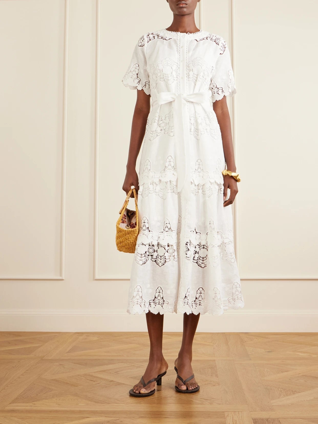 Image of Dresses. Product name - Romilly Belted Embroidered Cotton And Linen-blend Midi Dress in Ivory colour by brand - Miguelina