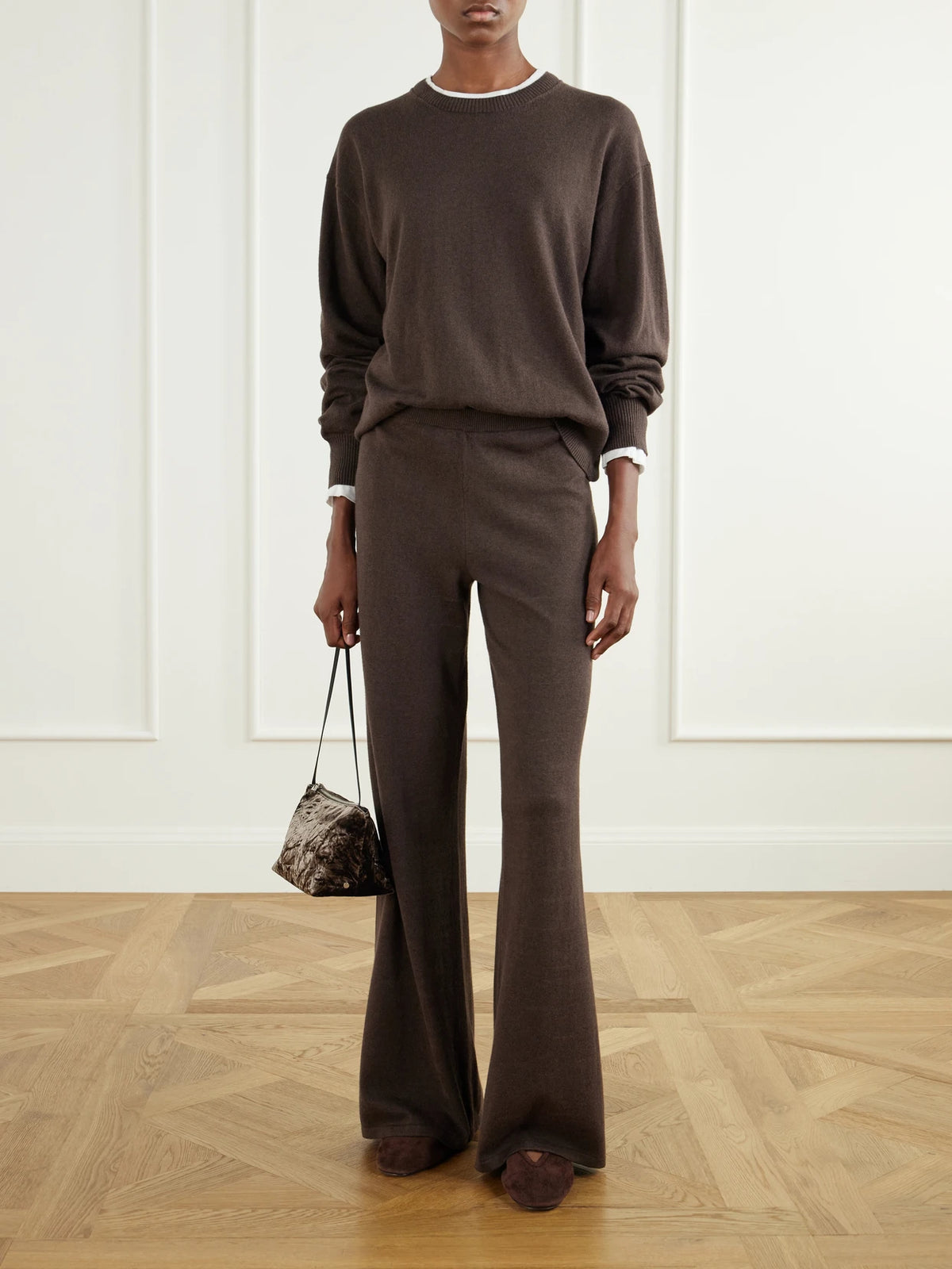 Image of a model wearing Outerwear. Product name - Cotton And Cashmere-blend Sweater in Dark brown colour by brand - ÉTERNE